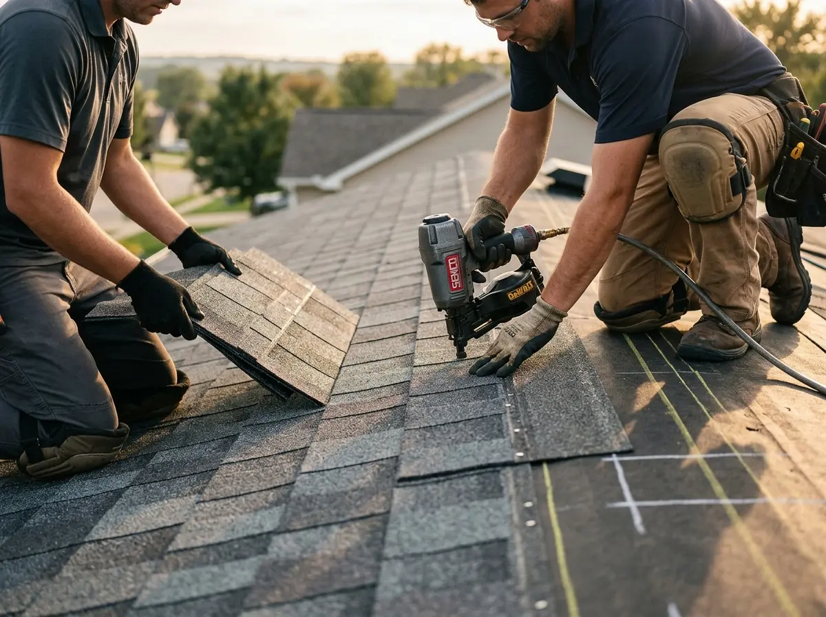 Professional roofer working on a residential roof in West Long Branch
